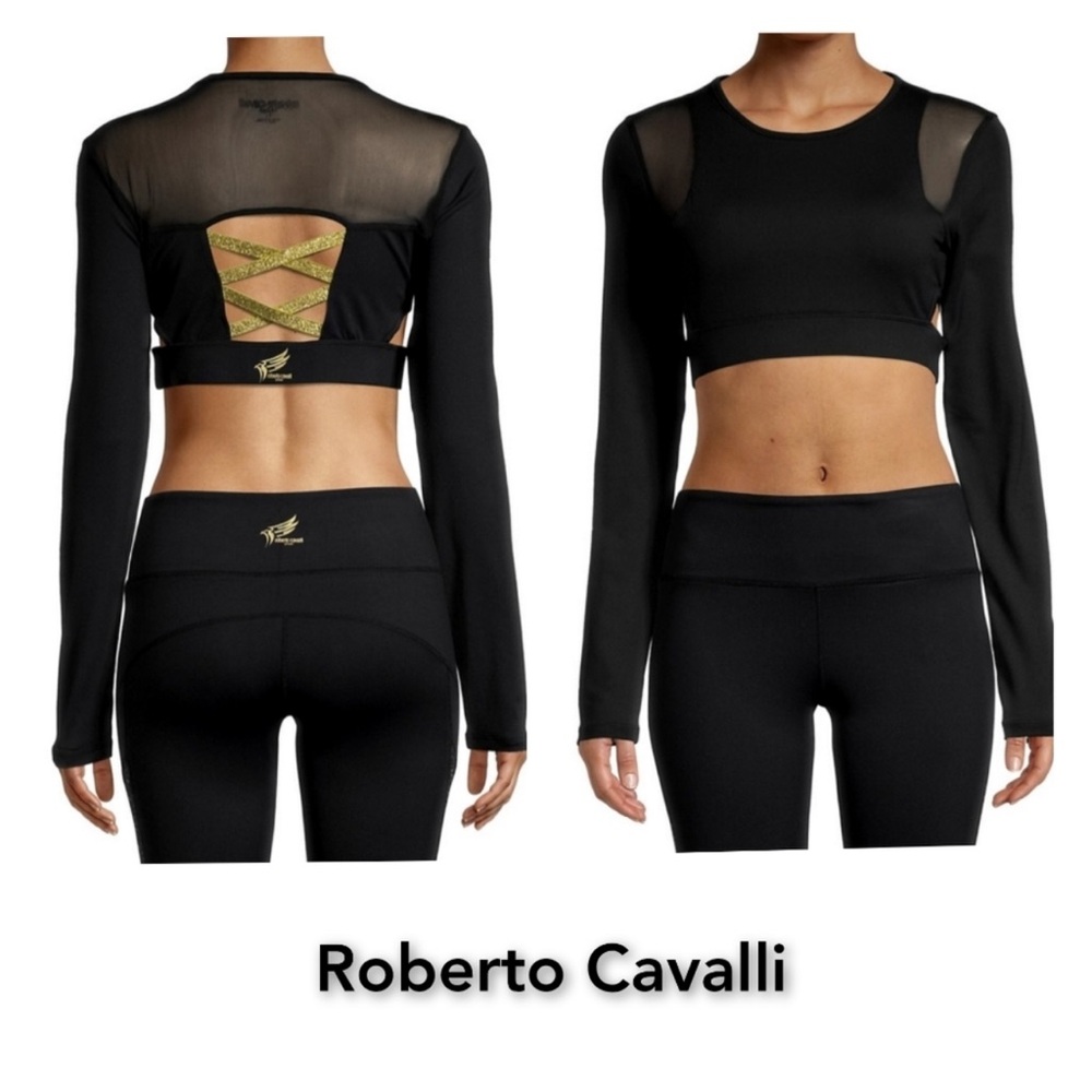 Roberto Cavalli Sport Long Sleeved Open Back Criss Cross Crop Top Workout